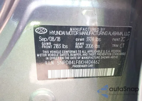 2019 Hyundai Elantra Sel z USA, uszkodzony, nr VIN 5NPD84LF8KH404462